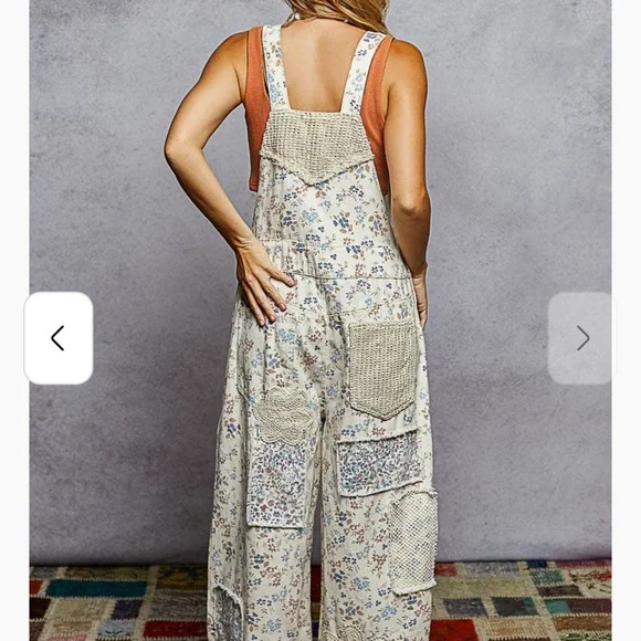 POL Floral Patchwork Overalls in Cream and Blue Lace Flare Boho Size Small! - Picture 4 of 5